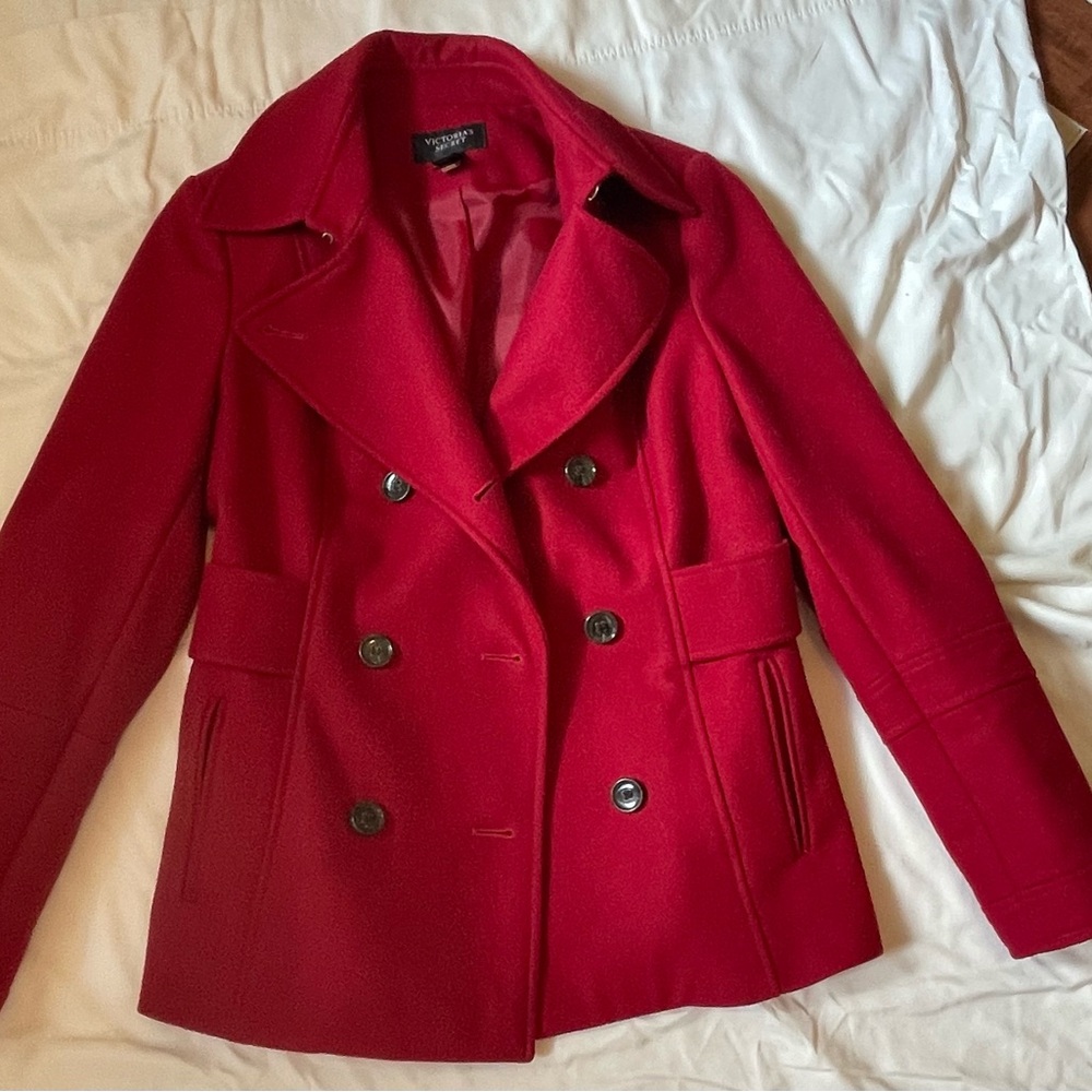 Banana Republic Red Pea Coat Double-Breasted Wool